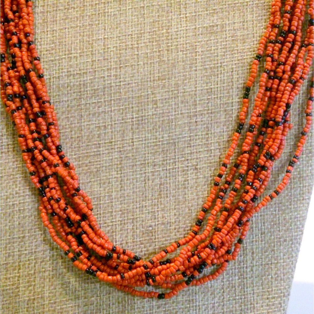 Orange and Black Multi Strand Seed Bead Torsade Necklace